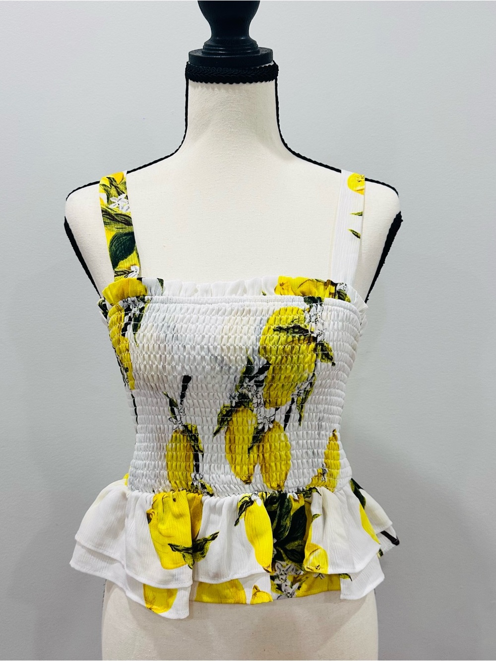 Helen Owen x AQUA Smocked Lemon Ruffle Peplum Hem Tank Top White & Yellow Medium